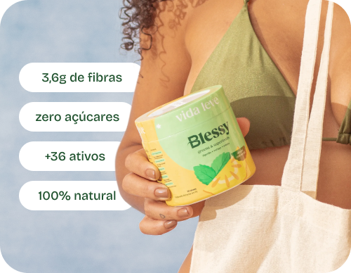 Blessy sabor limao na mao com beneficios: 3,6g de fibras, zero acucares, +36 ativos e 100% natural