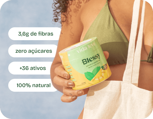 Blessy sabor limao na mao com beneficios: 3,6g de fibras, zero acucares, +36 ativos e 100% natural